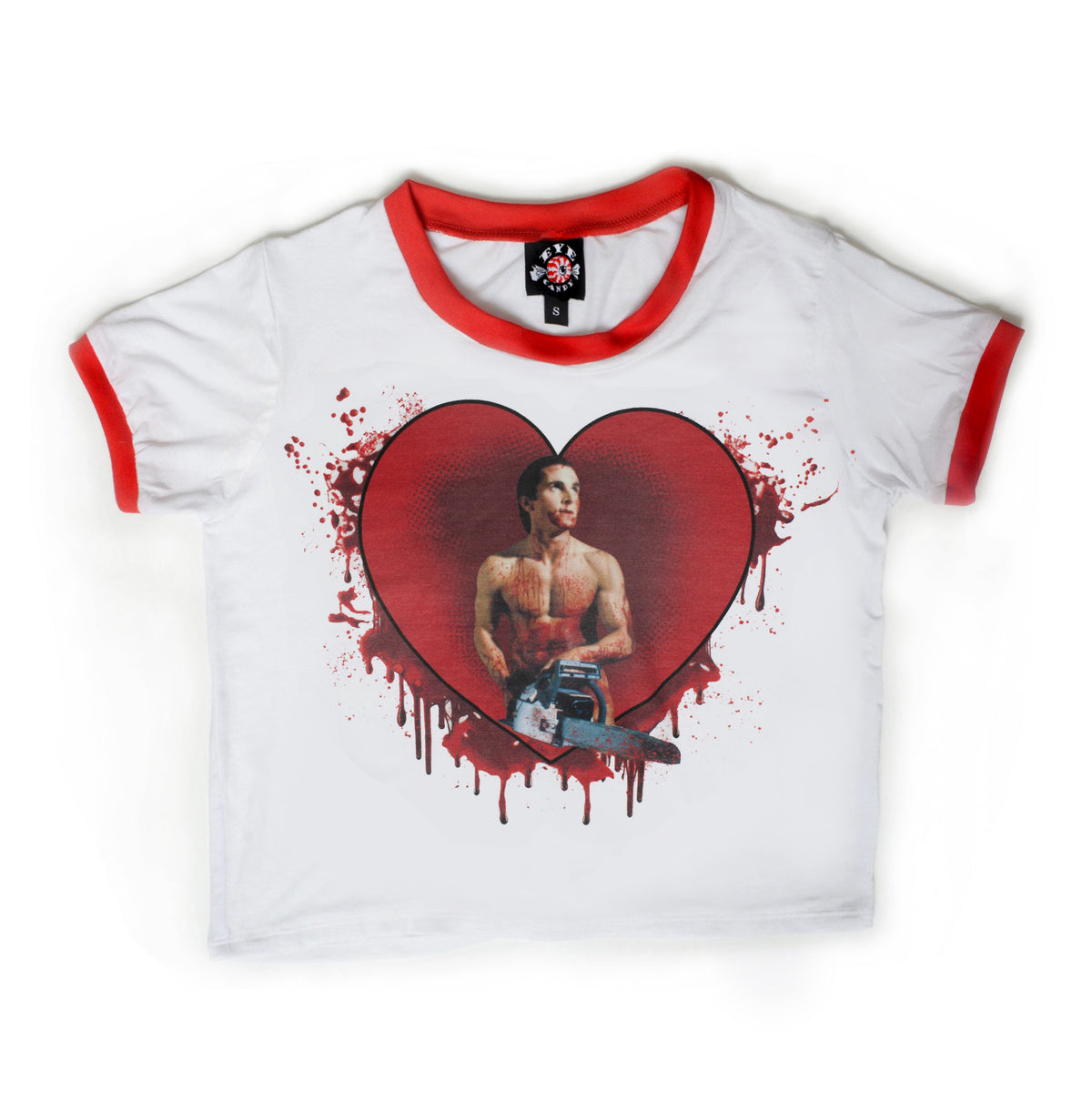 solid white ringer tee with red trim and American Psycho print. Man holding chainsaw in red heart with blood