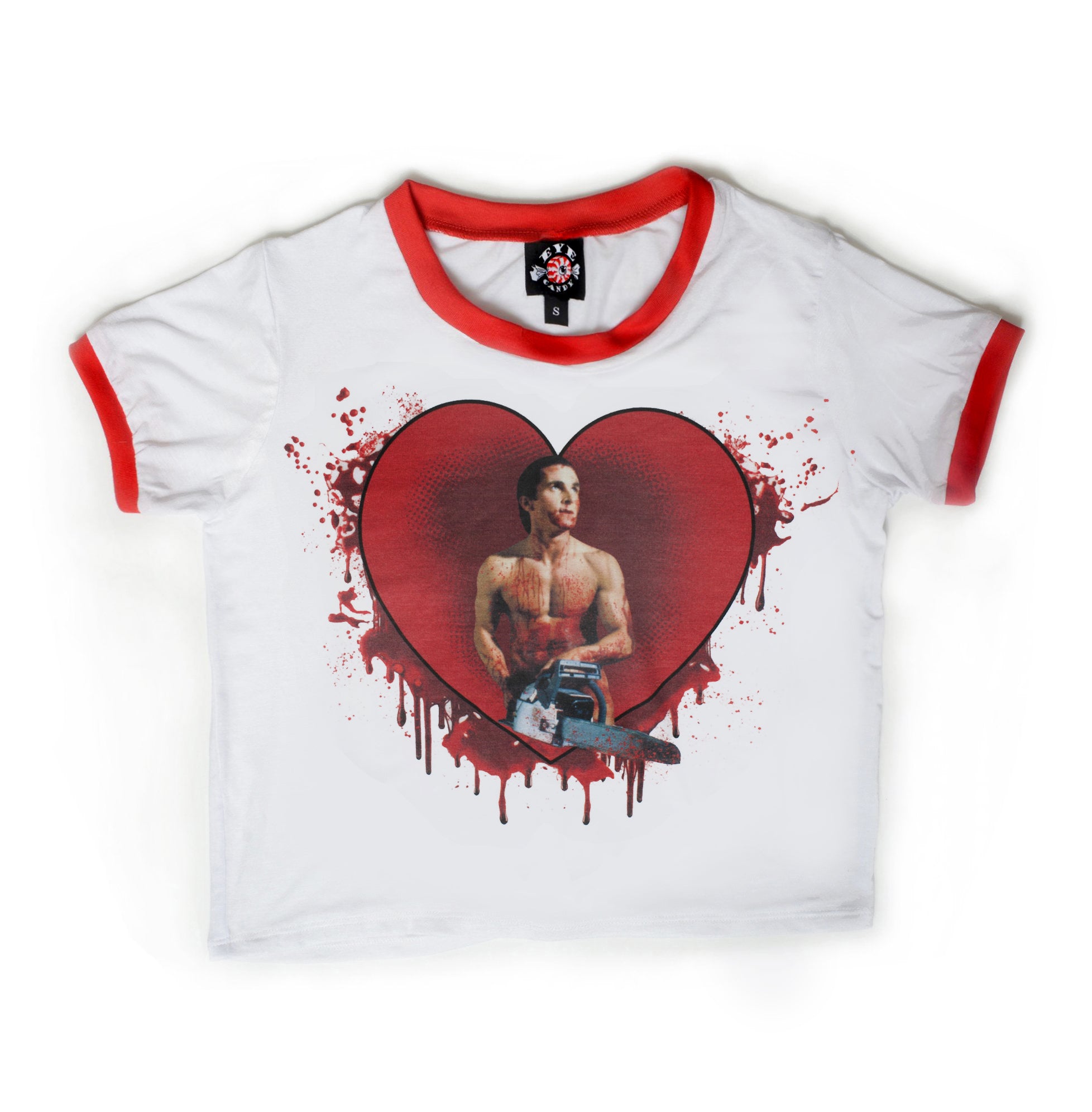 solid white ringer tee with red trim and American Psycho print. Man holding chainsaw in red heart with blood
