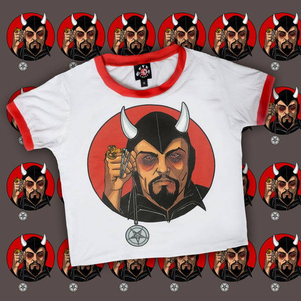 solid white ringer tee with red trim and Anton LaVey in black costume and horns holding pentagram necklace, red background print