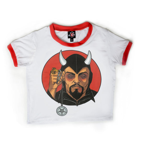 solid white ringer tee with red trim and Anton LaVey in black costume and horns holding pentagram necklace, red background print