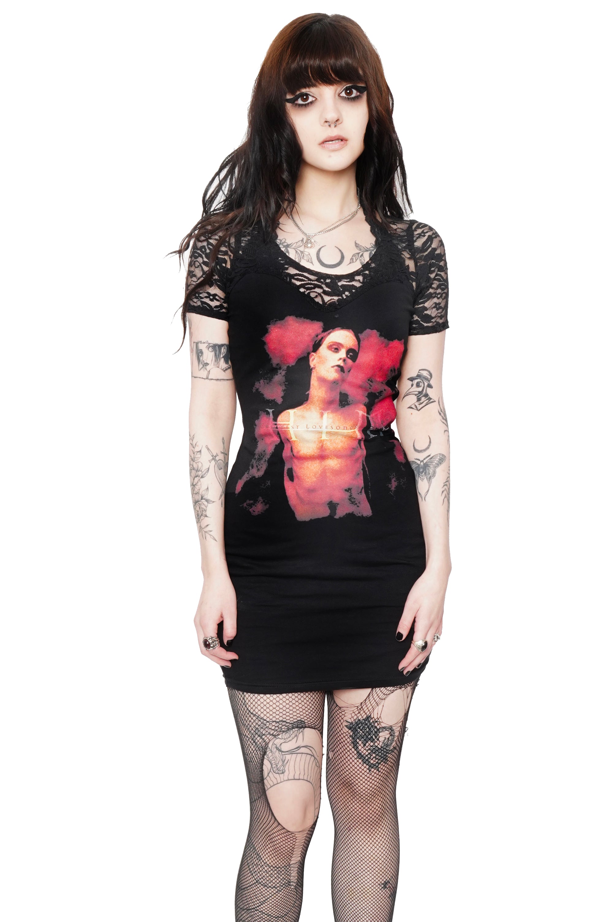 Black mini dress with black lace short sleeves and black lace chest detail. Features image of shirtless man with red background.