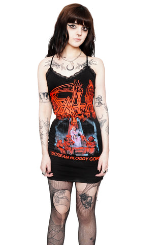 black mini dress with thin straps and black lace trim neckline. Inscription reads "Death" and "Scream Bloody Gore" in red. Features skeleton wearing cloak sitting on throne with three cloaked skeletons sitting on steps below holding up goblets.