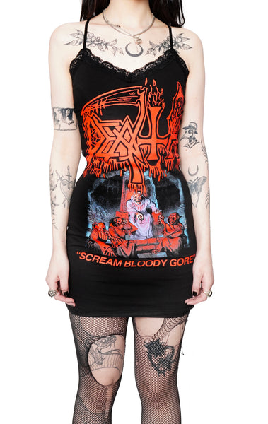 black mini dress with thin straps and black lace trim neckline. Inscription reads "Death" and "Scream Bloody Gore" in red. Features skeleton wearing cloak sitting on throne with three cloaked skeletons sitting on steps below holding up goblets.