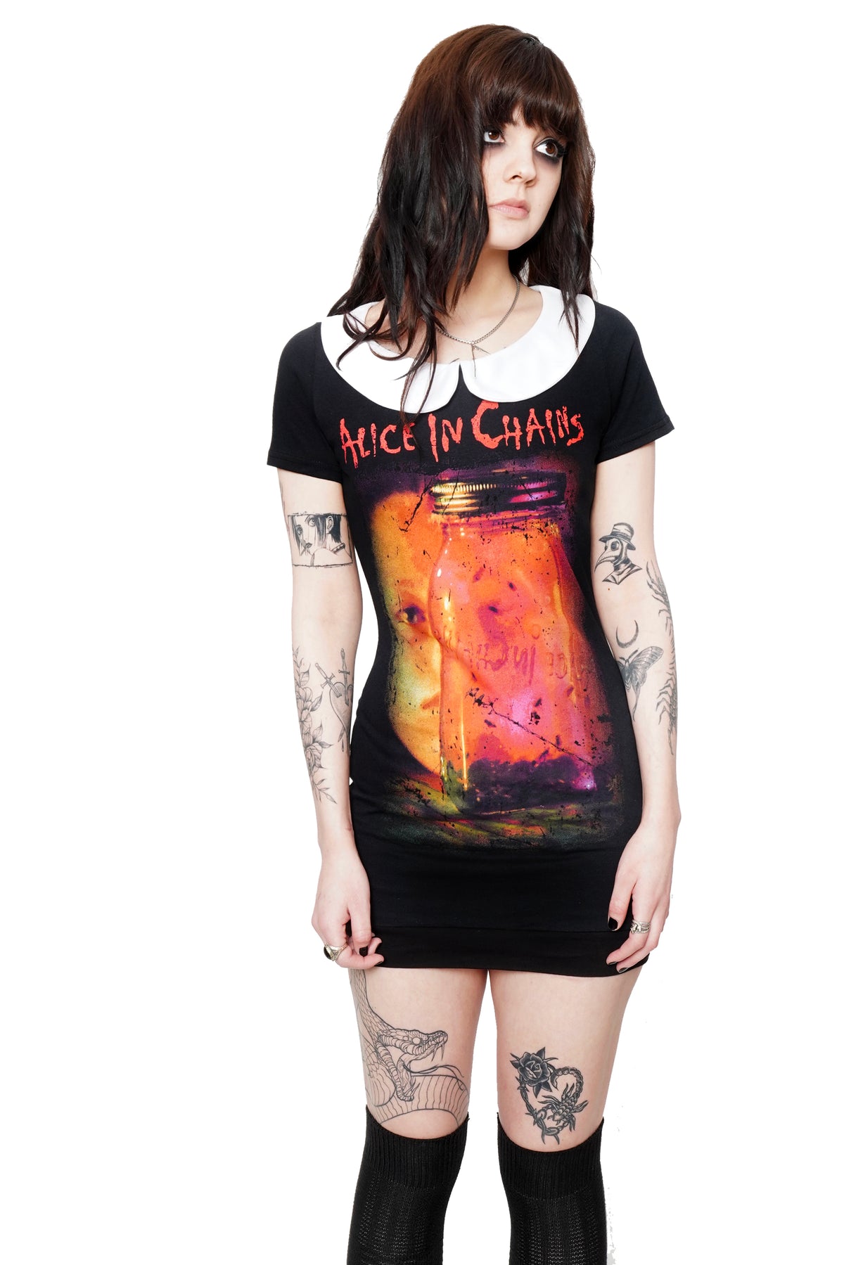 Peter Pan Collar Dress with Alice in chains band logo print on front.