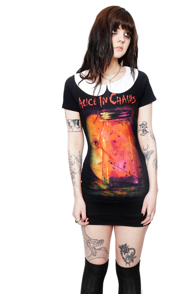 Peter Pan Collar Dress with Alice in chains band logo print on front.