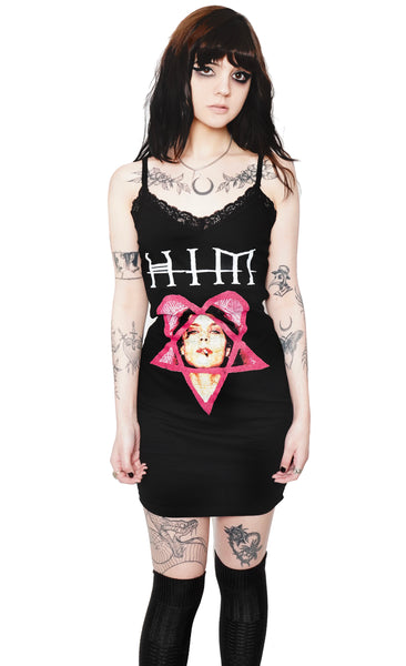 Black thin strap mini dress with black lace trim neckline. Features pink heartagram with picture of vocalist Ville Valo inside. Inscription reads "HIM" in white.
