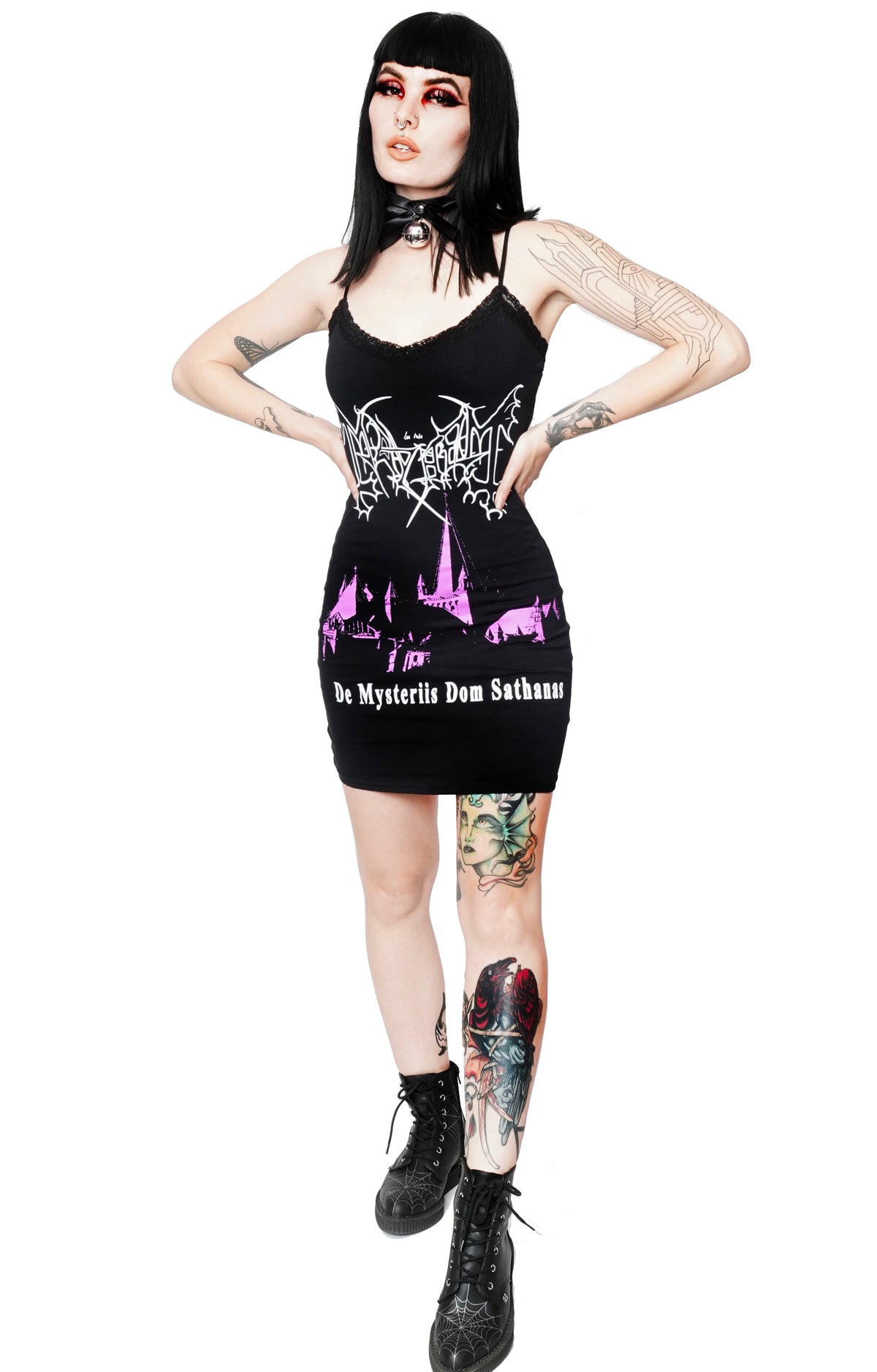 black mini dress with thin straps and black lace trim neckline. Print features purple castle with white inscriptions reading "Mayhem" and "De Mysteriis Dom Sathanas"