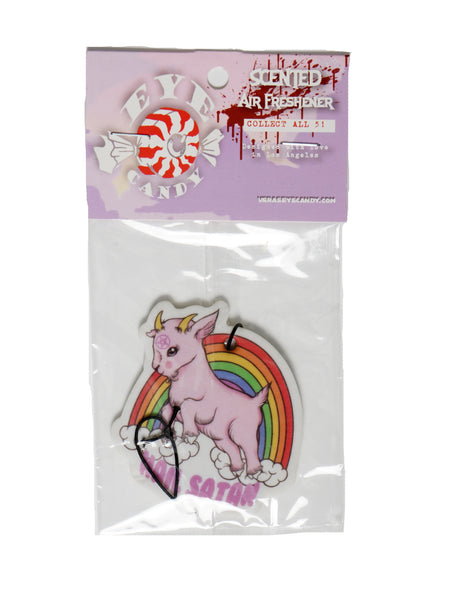 Air freshener with white elastic band. Features animated pink goat with pentagram on forehead. Clouds and rainbow behind goat. Written underneath goat is "Hail Satan" in pink font.