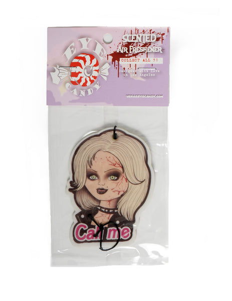 White air freshener with white elastic band. Features Tiffany from the movie Bride of Chucky wearing black jacket and black choker necklace with blood splattered on her. Pink inscription reads "Call me".