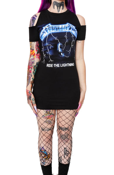 black short sleeve mini dress with cut out shoulder detail. Features image of electric chair and lighting with inscription reading "METALLICA" and "RIDE THE LIGHTING" in white.
