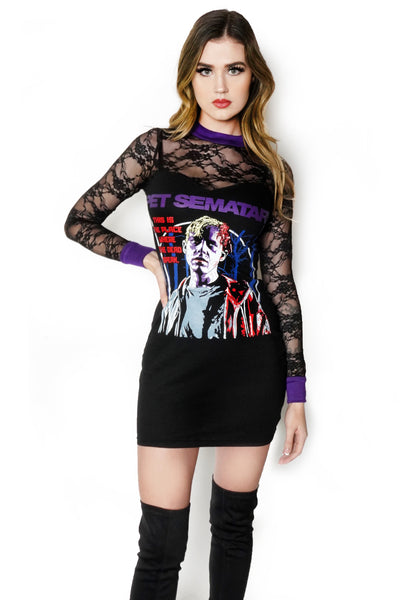 Black mini dress with lace black long sleeve, black lace chest with purple neck line trim and purple cuffs. Features image of deceased male with bloody head injury and blood on jacket and blue trees in background. Purple inscription reads "PET SEMATARY".