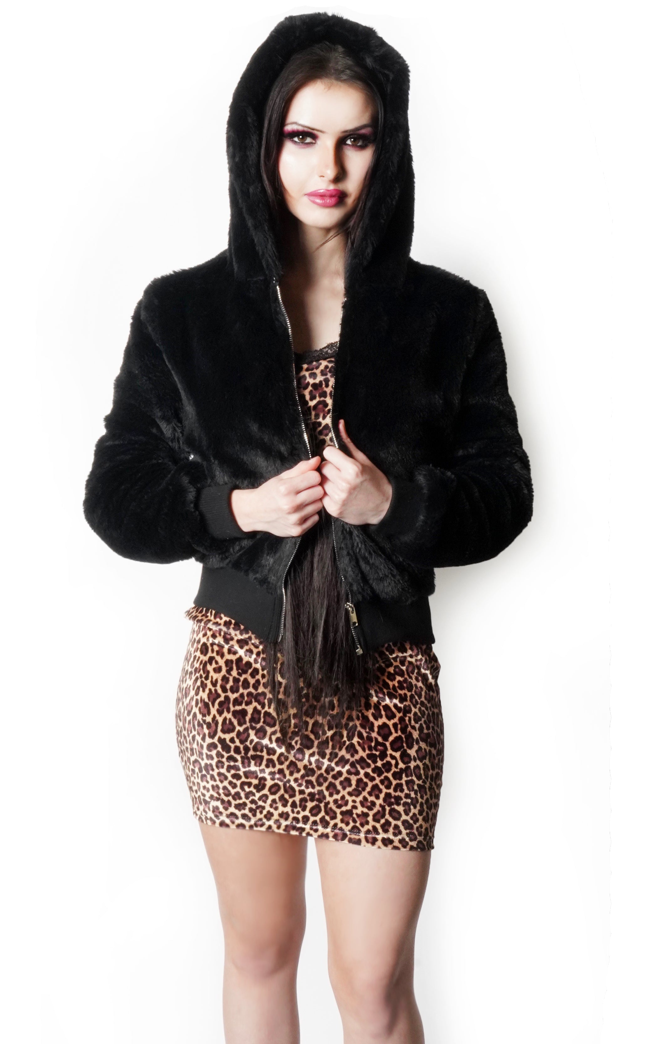 Faux Fur Zip Up Hooded Jacket - Vera's Eyecandy