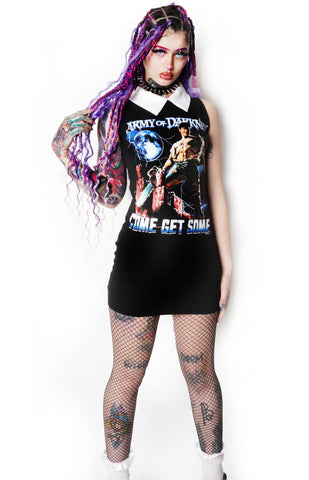 Black sleeveless mini dress with white collar. Army of Darkness print. Print features man with bloody chainsaw and moon behind him. Inscription reads "Come Get Some" and "Army of Darkness" in white and blue.