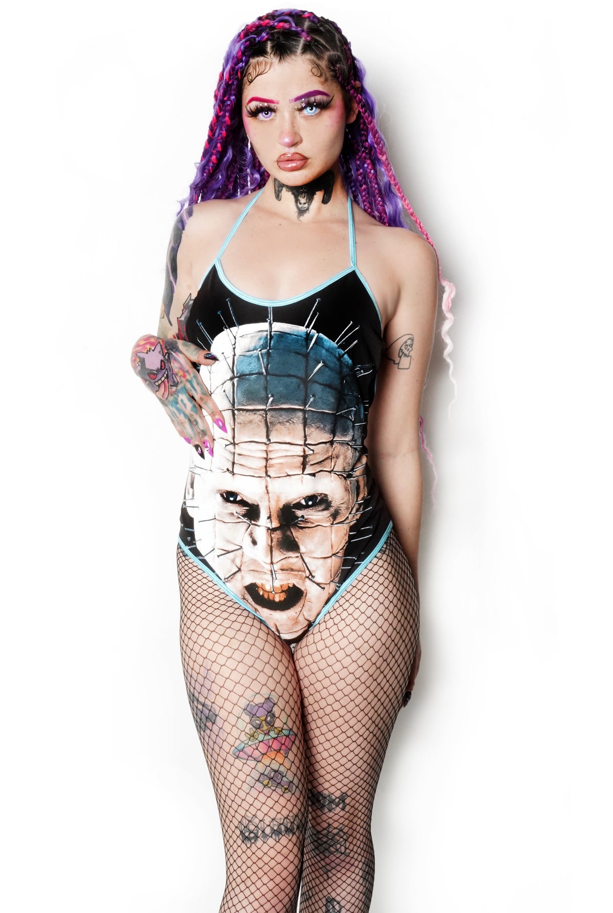 Black bodysuit with light blue trim and Pinhead's face