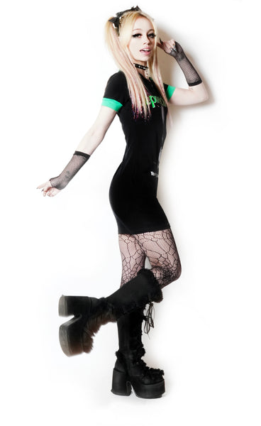 Black polo mini dress with green collar and black short sleeves with green cuffs. Features the leprechaun peaking through a slightly opened door wearing green. Inscription reads "Leprechaun" in green and "Your luck just ran out." in white.