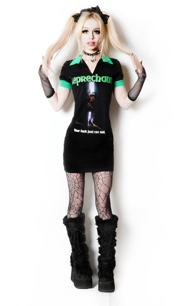 Black polo mini dress with green collar and black short sleeves with green cuffs. Features the leprechaun peaking through a slightly opened door wearing green. Inscription reads "Leprechaun" in green and "Your luck just ran out." in white.