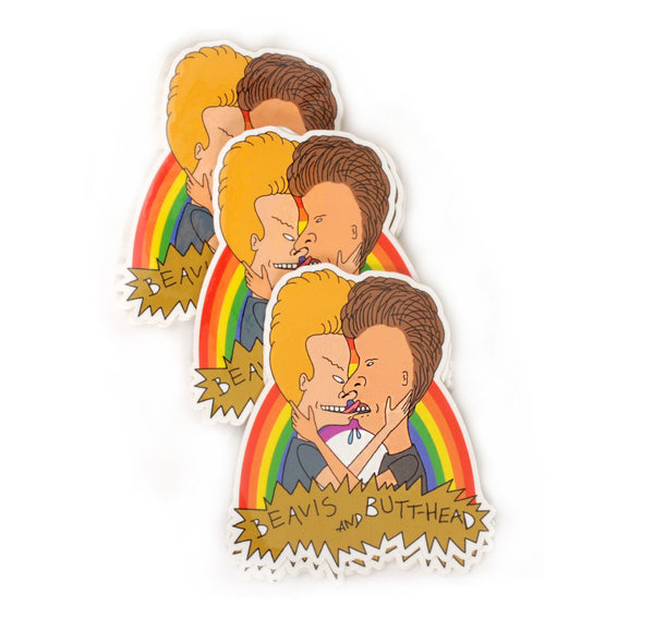 Viny sticker features Beavis and Butthead kissing in front of a rainbow. Inscription reads "BEAVIS AND BUTTHEAD" in black.