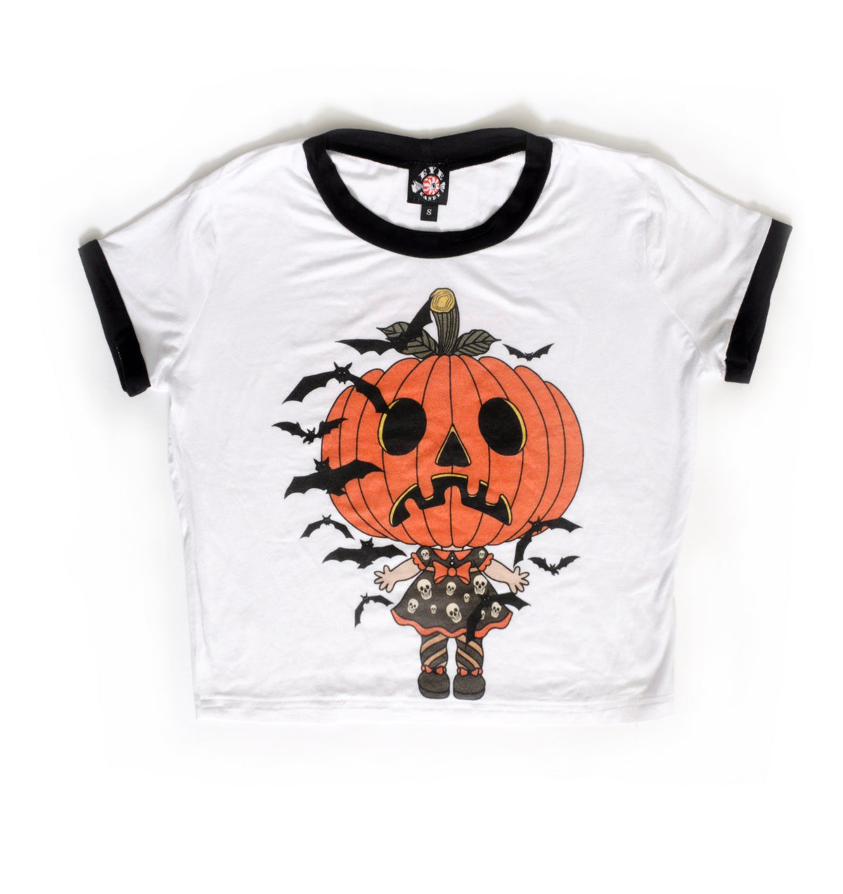White ringer shirt with black trim. Features jack o lantern head wearing a dress with skulls and orange trim, orange collar and orange bow. Black bats flying around.