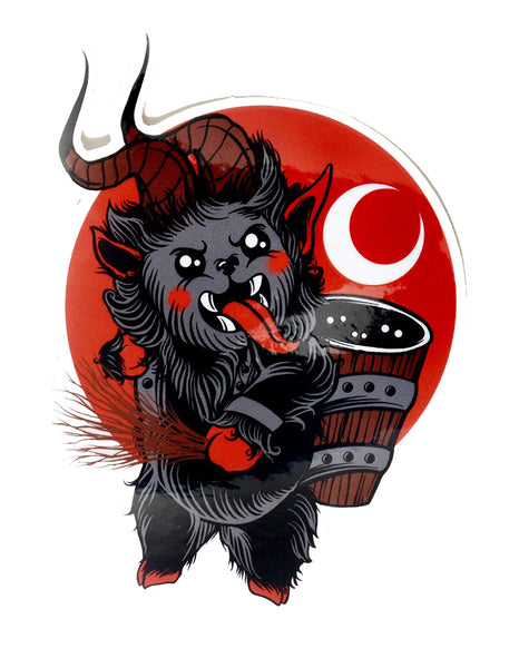 Vinyl sticker features animated Krampus sticking his tongue out while holding sticks in hand and wood pail on back. Red background with white crescent moon.