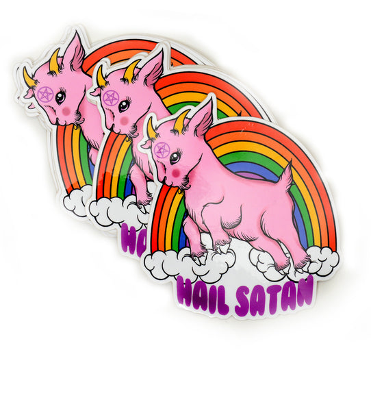 Vinyl sticker features animated pink goat with pentagram on forehead. Clouds and rainbow behind goat. Written underneath goat is "Hail Satan" in pink font.