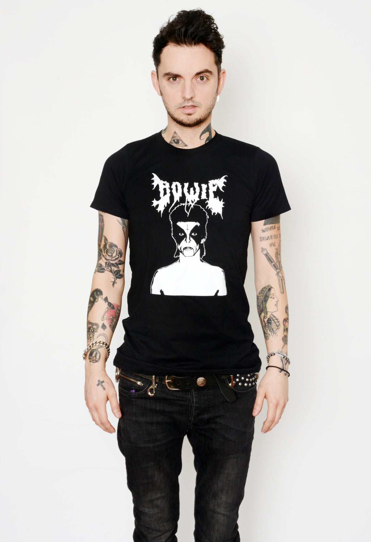 Black short sleeve t-shirt.  Features "Bowie" written in white and David Bowie in corpse paint.