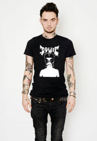 Black short sleeve t-shirt.  Features "Bowie" written in white and David Bowie in corpse paint.
