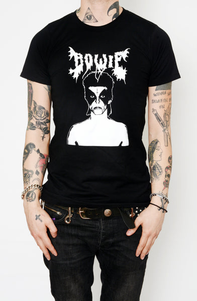 Black short sleeve t-shirt.  Features "Bowie" written in white and David Bowie in corpse paint.