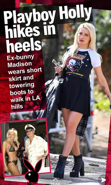 Black baby doll dress with white short sleeves and white trim neckline. Features image of evil clown face with popcorn around him. Inscription reads "Killer Klowns" in red "From Outer Space" in blue and "In Space No One Can Eat Ice Cream!" in yellow.