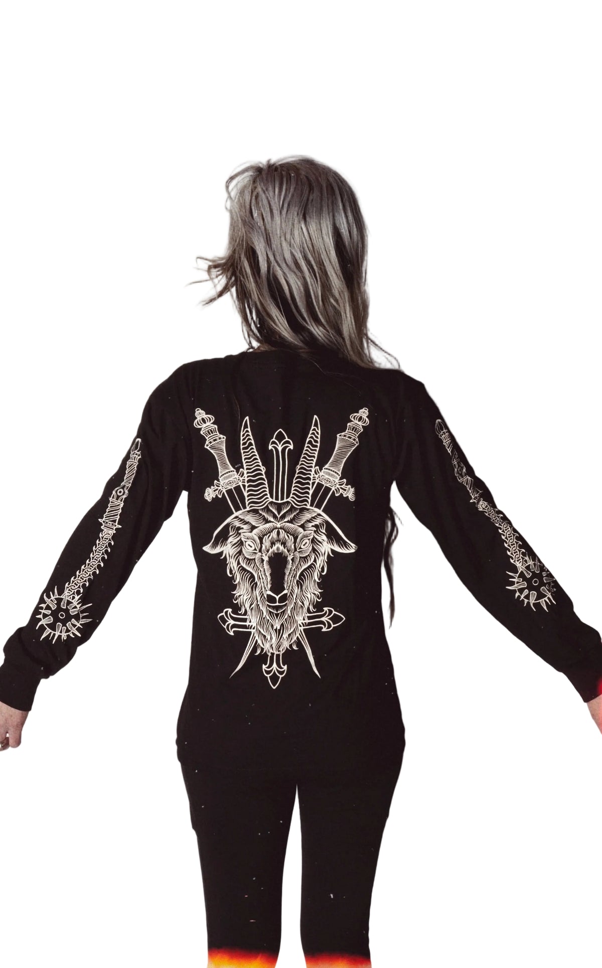 Back of black long sleeve shirt. Features goat with knives and cross. The sleeves have a print of ball and chain.