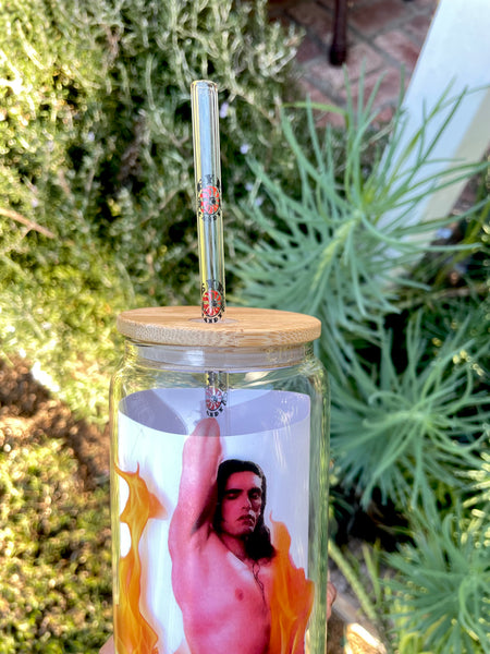 16 oz glass tumbler cup with light brown bamboo lid. Features image of singer Peter Steele topless with black pants unzipped. Flames in front of and behind Peter.