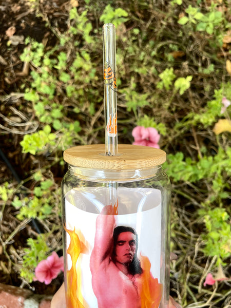 16 oz glass tumbler cup with light brown bamboo lid. Features image of singer Peter Steele topless with black pants unzipped. Flames in front of and behind Peter.
