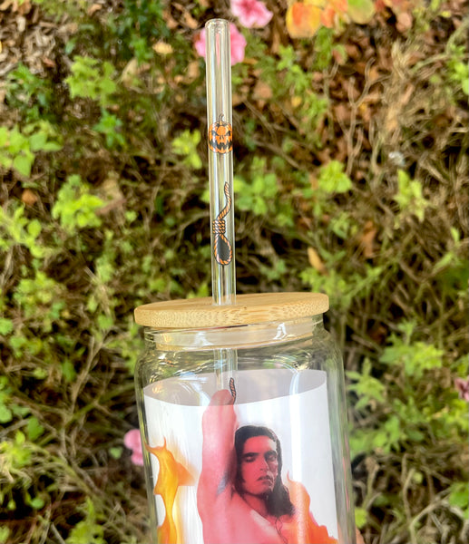 16 oz glass tumbler cup with light brown bamboo lid. Features image of singer Peter Steele topless with black pants unzipped. Flames in front of and behind Peter.