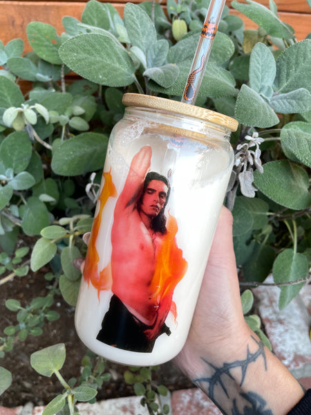 16 oz glass tumbler cup with light brown bamboo lid. Features image of singer Peter Steele topless with black pants unzipped. Flames in front of and behind Peter.