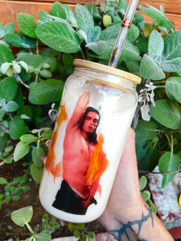 16 oz glass tumbler cup with light brown bamboo lid. Features image of singer Peter Steele topless with black pants unzipped. Flames in front of and behind Peter.