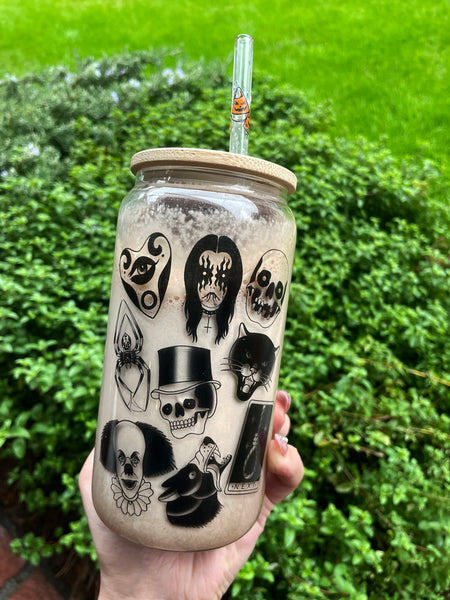 Glass Tumbler Cup with traditional tattoo artwork wrapped all around it, and bambo lid. 