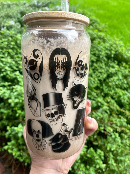 Glass Tumbler Cup with traditional tattoo artwork wrapped all around it, and bambo lid. 