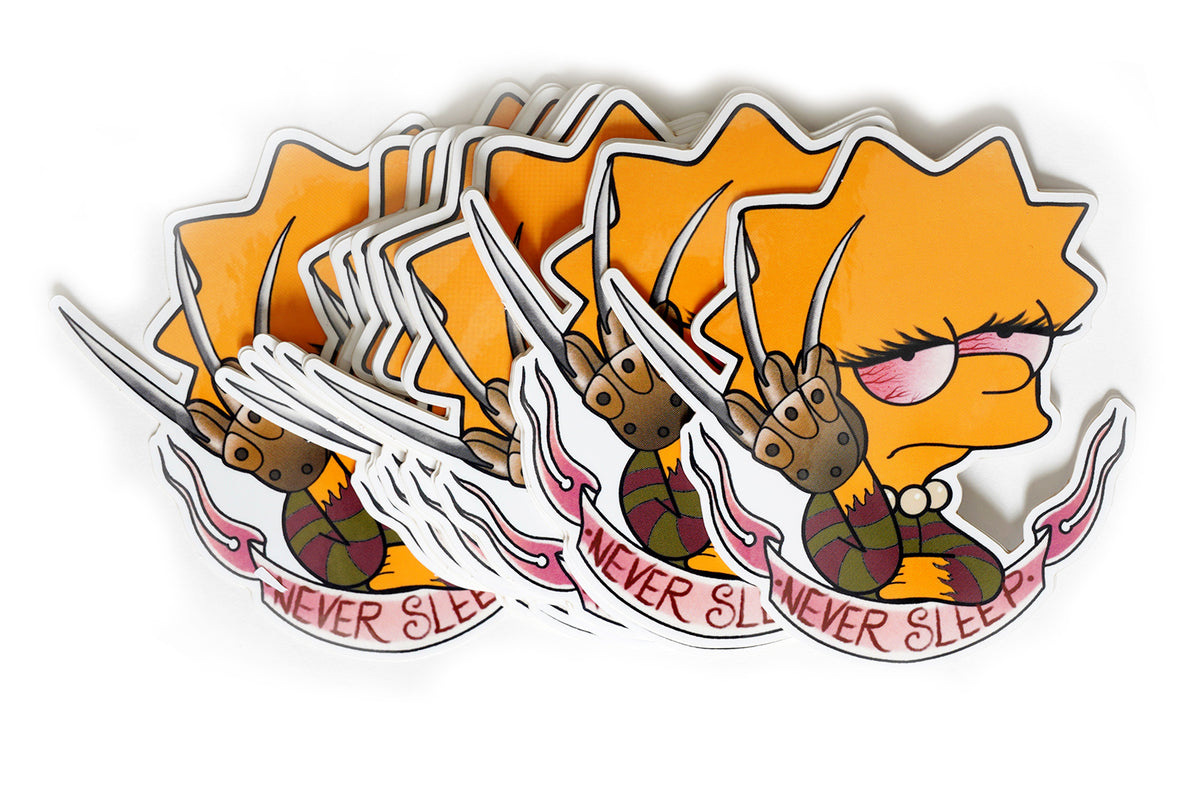Vinyl sticker features image of Lisa Simpson with red eyes wearing Freddy Krueger knife glove and stripped shirt. Inscription on banner reads "NEVER SLEEP" in red.