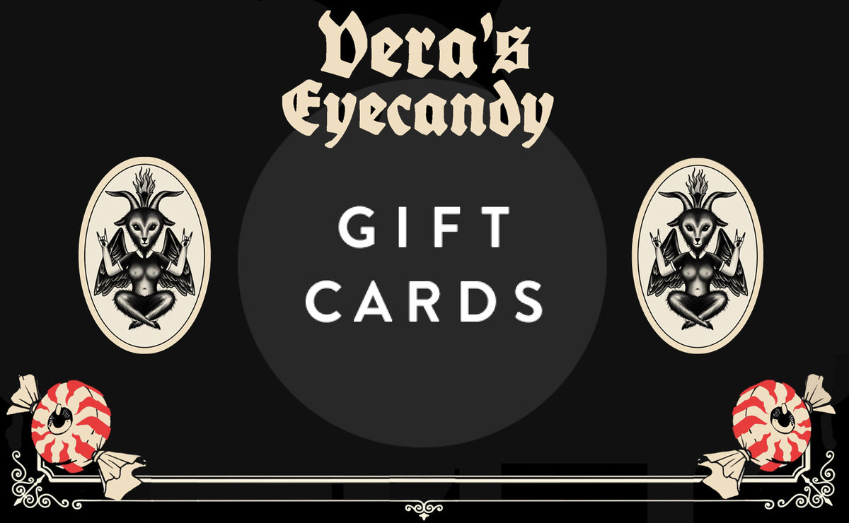 Gift Card with Vera's Eyecandy company logo and animated baphomet goats. Gift card also has eyeball-shaped candies and "Gift Card" written in white font