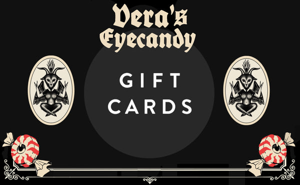 Gift Card with Vera's Eyecandy company logo and animated baphomet goats. Gift card also has eyeball-shaped candies and "Gift Card" written in white font