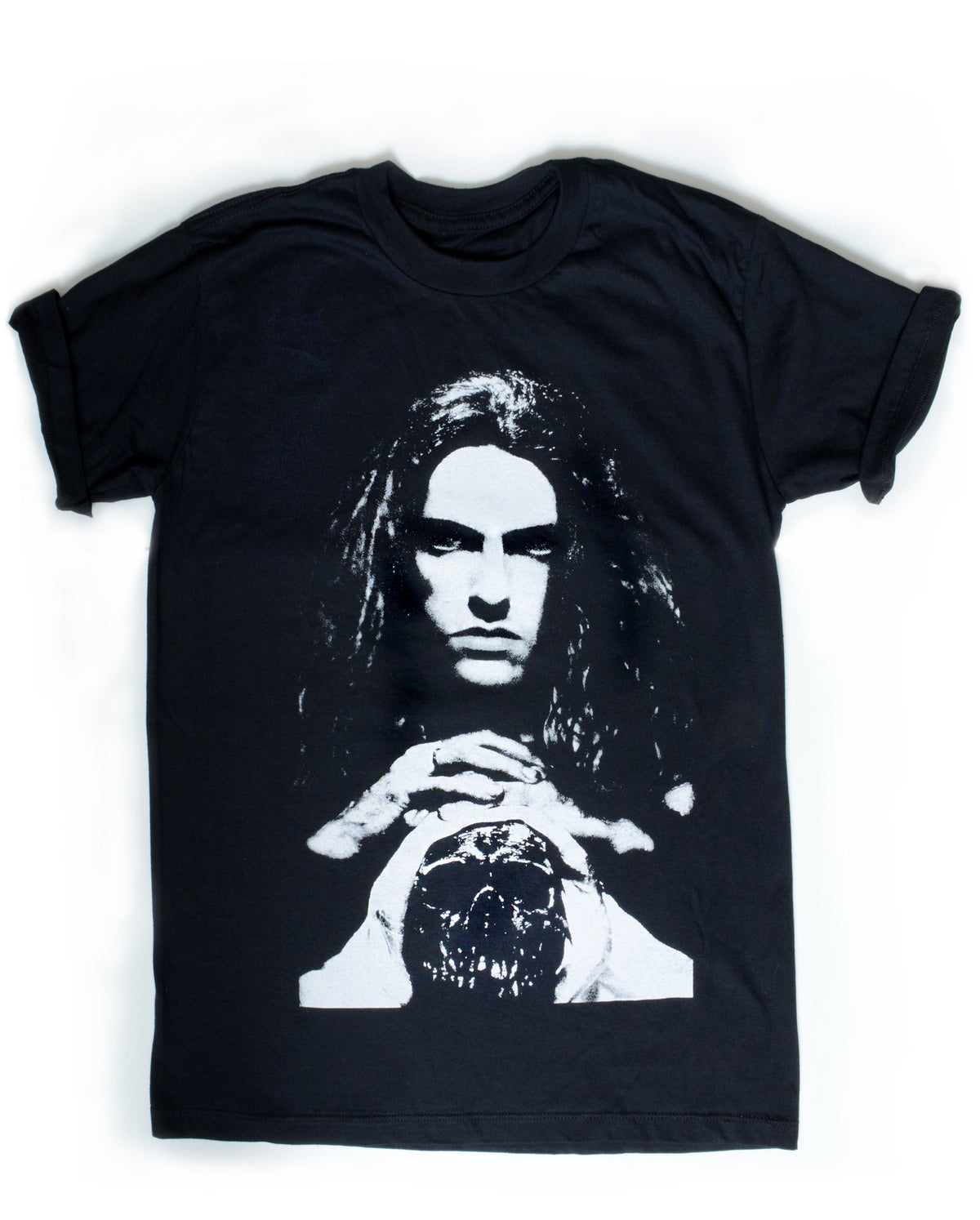 black tee with Peter Steele holding skull