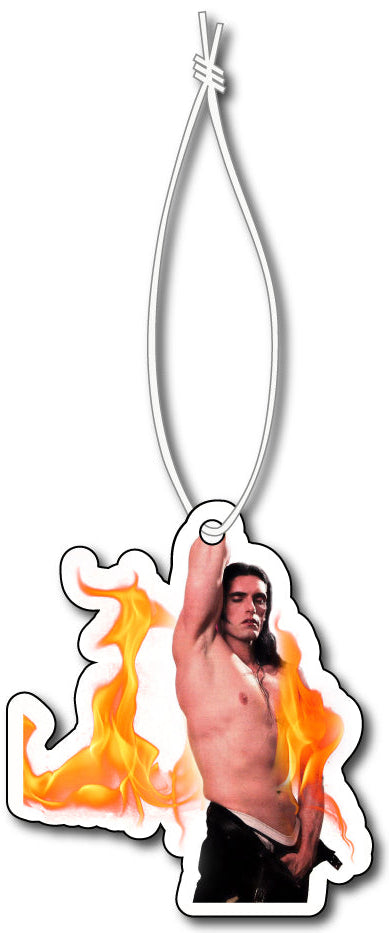 White air freshener with white elastic band. Features image of Peter Steele with his shirt off and black pants unzipped. Image on shirt also contain flames in front and behind Peter Steele.