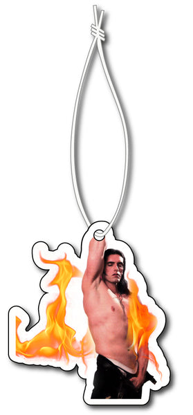 White air freshener with white elastic band. Features image of Peter Steele with his shirt off and black pants unzipped. Image on shirt also contain flames in front and behind Peter Steele.