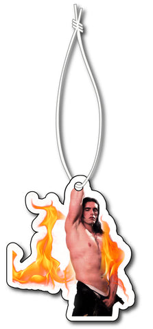 White air freshener with white elastic band. Features image of Peter Steele with his shirt off and black pants unzipped. Image on shirt also contain flames in front and behind Peter Steele.