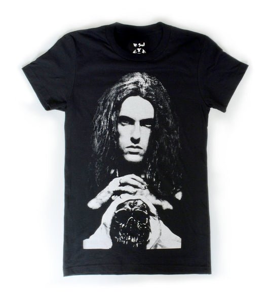 Black short sleeve T-shirt. Features white printed image of singer Peter Steele looking straight ahead and hands on skull.