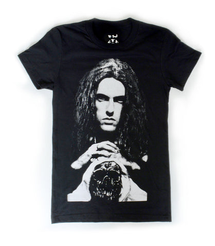 Black short sleeve T-shirt. Features white printed image of singer Peter Steele looking straight ahead and hands on skull.