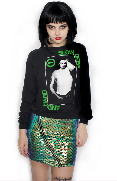 Black pull over long sleeve sweater. Features white print image of topless Peter Steele with pants unzipped. Green inscription reads "SLOW DEEP AND HARD"