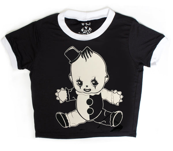 solid black ringer tee with white trim and white kewpie clown print