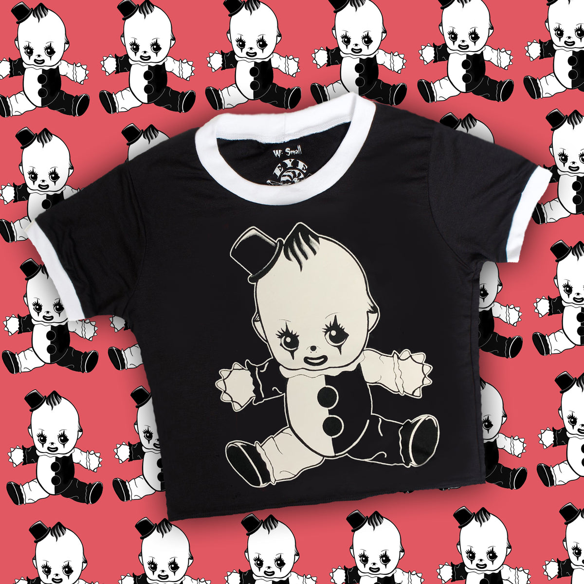 solid black ringer tee with white trim and  white kewpie clown print