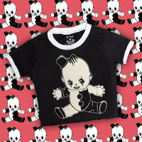 solid black ringer tee with white trim and  white kewpie clown print