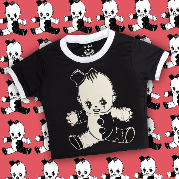 solid black ringer tee with white trim and  white kewpie clown print
